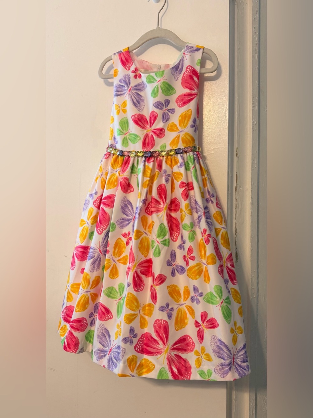 American Princess 
Girls' White Butterfly Print Party Dress with Gem Waist